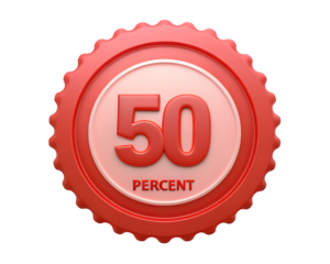 Red 3D Seal with 50 Percent Discount Text sale fifty isolated on a transparent background