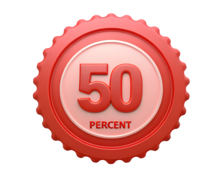 Red 3D Seal with 50 Percent Discount Text sale fifty isolated on a transparent background