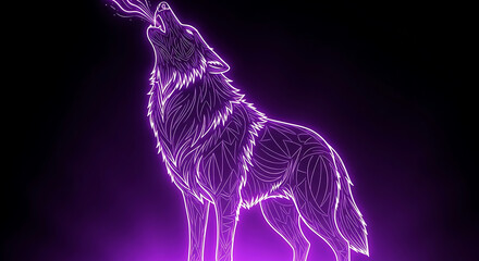 Glowing neon wolf howling at the darkness with luminous purple lines