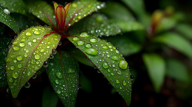 Close-Up of Dew on Green Leaf at Sunrise