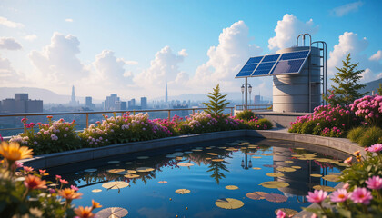 Rooftop Garden with Ponds, Flowers, Solar Panels, and City View