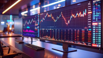 Modern Office Workspace With Two Financial Stock Chart Monitors Setup