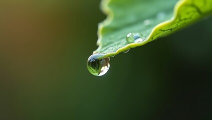 ultra detailed macro closeup photography water drop hanging from green leaf