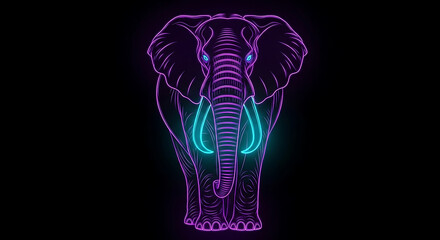 Neon elephant with glowing cyan tusks and violet outlines