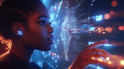 Woman in profile interacting with a futuristic data display screen