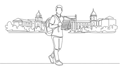 College Student Line Art | Continuous One-Line Vector of Man with Backpack & Books