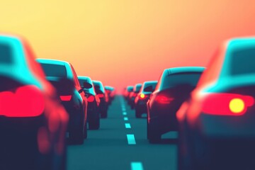 Fototapeta premium Road Traffic Jam: A long line of vehicles stretches endlessly down a highway, their tail lights glowing amidst a hazy, stylized sunset. Illustrating congestion and delay.