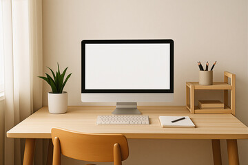 Minimal Home Office Desk – Neutral Aesthetic Workspace with Plant, Notebook & Mug (Morning Light)