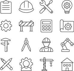 Vector monochrome line icon set about engineering