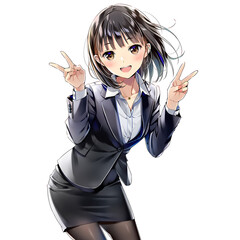 Vサインするビジネスウーマン02（漫画・アニメ調）