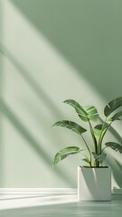 A minimalist interior scene featuring a healthy green potted plant casting dramatic shadows on a pale green wall.