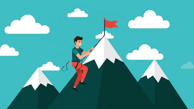 Animated Male Character Climb a Mountain to The Sky. Describe a success process in his business goal.