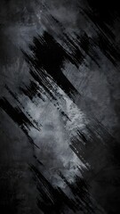 Grungy abstract background featuring bold black brushstrokes over a dark, textured grey surface, evoking a raw and expressive artistic atmosphere.
