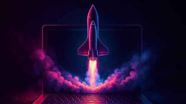 A rocket launching from a laptop screen, viewed from a low angle. Neon colors create a futuristic, digital video game aesthetic. Live desktop wallpaper. - Powered by Adobe