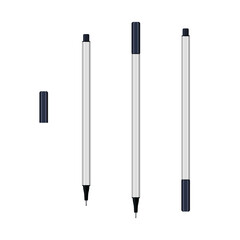 Black fineliner felt-tip pens with caps set. Vector illustration isolated on white background