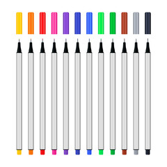 Colorful fineliner felt-tip pens with caps set. Vector illustration isolated on white background