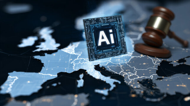 Concept of AI Regulation in Europe with a Gavel and Microchip on a Digital Map