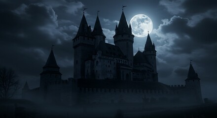 Obraz premium A dark, eerie medieval castle at night with tall, pointed towers, surrounded by a stone wall. The sky is cloudy with a large, glowing full moon peeking through the clouds, casting a cold, bluish light