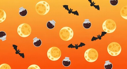 Halloween background pattern with moons bats and bottles