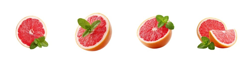 Set of grapefruit halves with mint isolated on transparent background