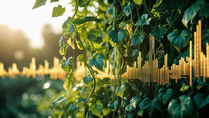Green vines, morph into golden wire graphs—organic growth meets digital light in soft sunlight.