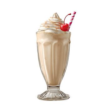Delicious milkshake with whipped cream and cherry on top on a transparent background