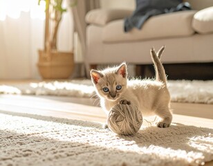 A tiny kitten with blue eyes playing with a ball of yarn in a cozy living room. Warm sunlight highlights its soft fur, creating a heartwarming and playful atmosphere.