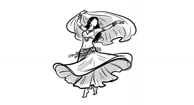 Belly dancer performing with flowing fabric in a monochrome illustration for dance art concept