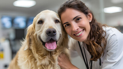 Beautiful Female Veterinarian Petting a Noble Golden Retriever Dog. Healthy Pet on a Check Up Visit in Modern Veterinary Clinic with Happy Caring Doctor