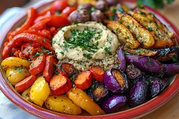 Hearty roasted potatoes and vegetables with baked beans in a pan