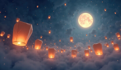 Sky filled with floating lanterns under a full moon, subtle mist in the air, magical festival atmosphere