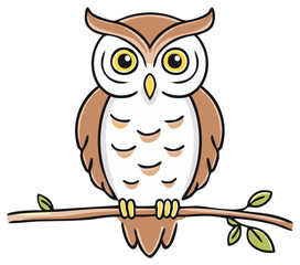 Cartoon owl perched on a tree branch with green leaves, looking directly at the viewer.