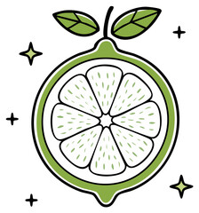 Vibrant green lime fruit illustration showing a half cut citrus with segmented pulp fresh leaves and sparkle