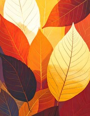 Fototapeta premium Vibrant autumn leaves in warm hues, overlapping to create a textured pattern