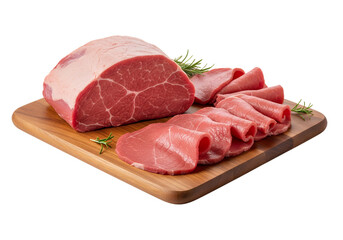 Raw beef roast and slices, white background isolated