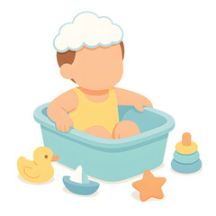 Adorable baby taking a bubble bath with toys in plastic tub, 3D cartoon illustration