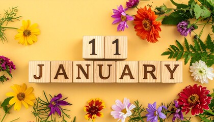 Wooden Blocks with Date 11 January. Floral Calendar – Vibrant Flowers on Solid Colored Background