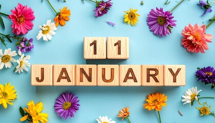 Wooden Blocks with Date 11 January. Floral Calendar – Vibrant Flowers on Solid Colored Background