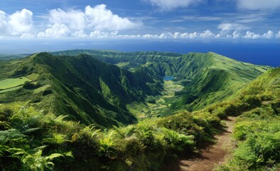 Fototapeta premium Lush green volcanic landscape with a caldera