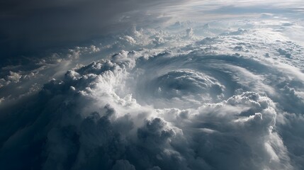 Aerial view of swirling storm clouds forming a cyclone, showcasing dramatic weather patterns above