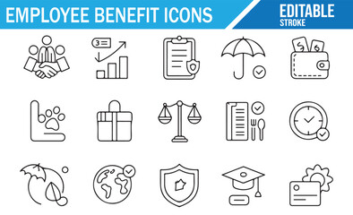 Collection of employee benefit icons for use in HR and corporate planning.
