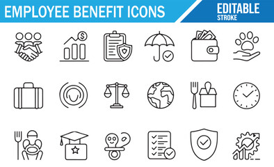 Simple line icons illustrating employee benefits, insurance, and employee welfare.
