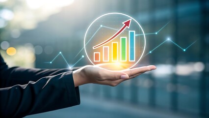 Hand presenting digital glowing buainess chart icon.