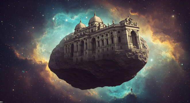 Ancient stone fortress floating in the sky – A majestic structure resembling a castle or temple hovering among clouds.