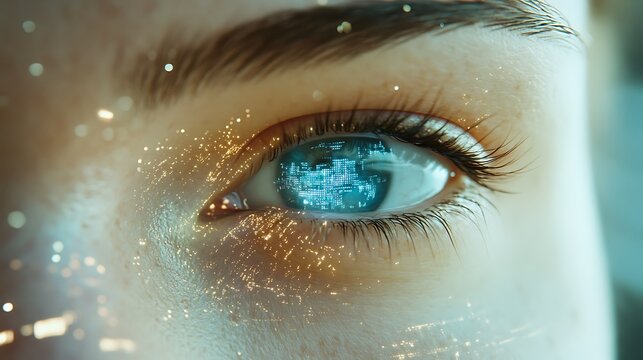 eye of the woman with blue technology light in eye