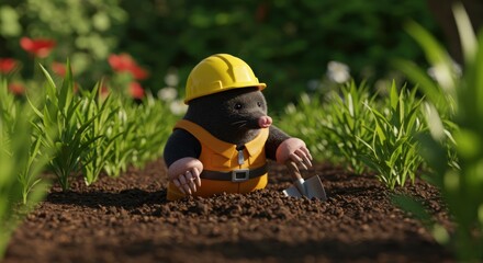 A cute animated mole in a hard hat digs in a garden.