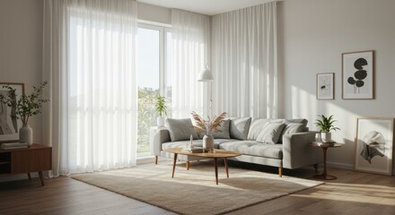 Obraz premium Sunlit modern living room with grey sofa, coffee table, and sheer curtains. Natural light streams through the window, illuminating the minimalist interior design.