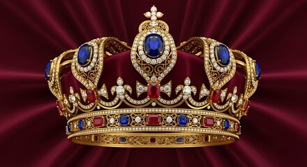 Obraz premium Exquisite royal crown adorned with dazzling gemstones symbolizing power and elegance displayed on a rich red velvet