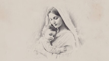 Elegant Hand-Drawn Madonna Holding Baby Jesus