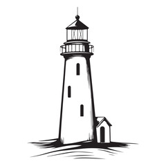 black silhouette of lighthouse on rocky coast with seagulls flying around, clean composition, simple vector lines on white background 